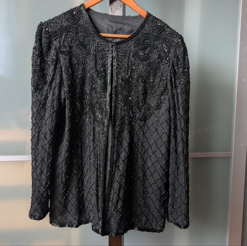 📼 Vintage Black Beaded Embellished Evening Jacket - Medium - Picture 2 of 15